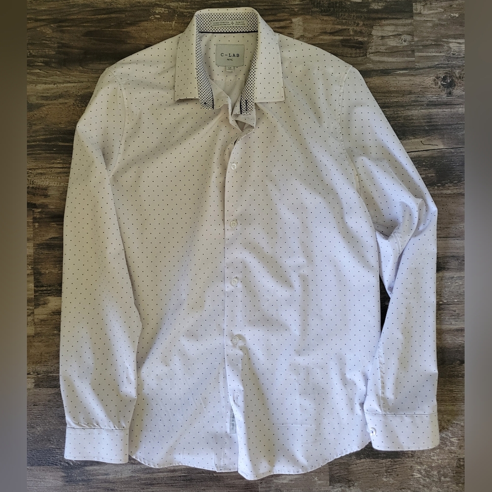 C Lab NYC Slim Fit Long Sleeve Shirt Mens White with Black Dots 16 34/35 Large
